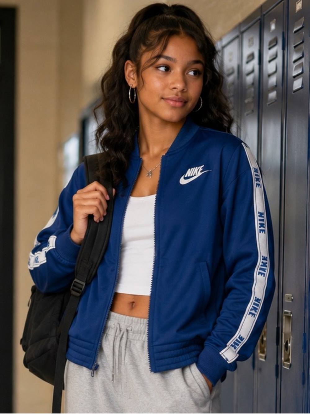 Nike Navy Blue Track Jacket with White Sleeve Tape Back to school L (Unisex) - Picture 1 of 11